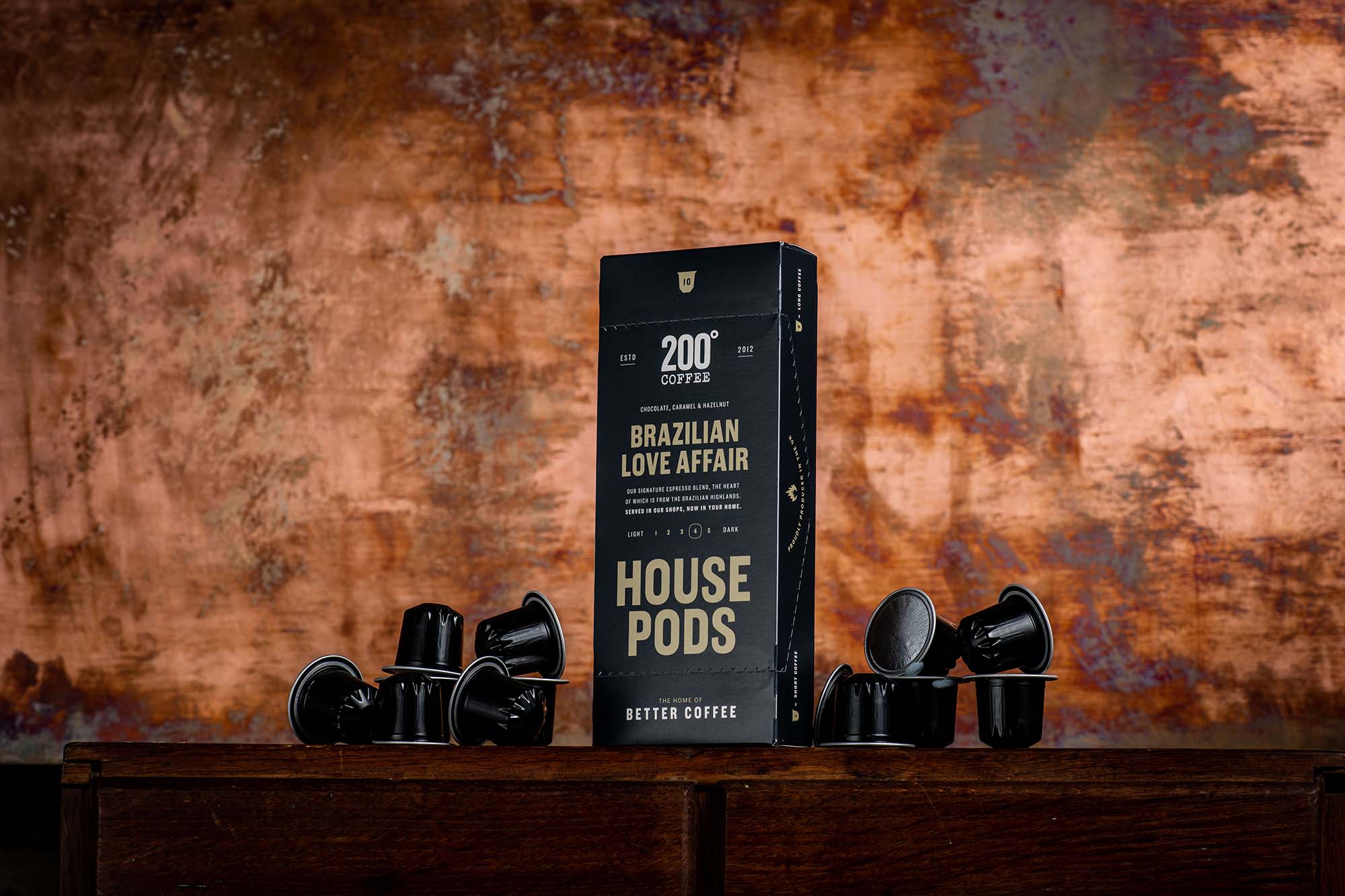 Brazilian love affair 200 degrees coffee pod box with black coffee capsules