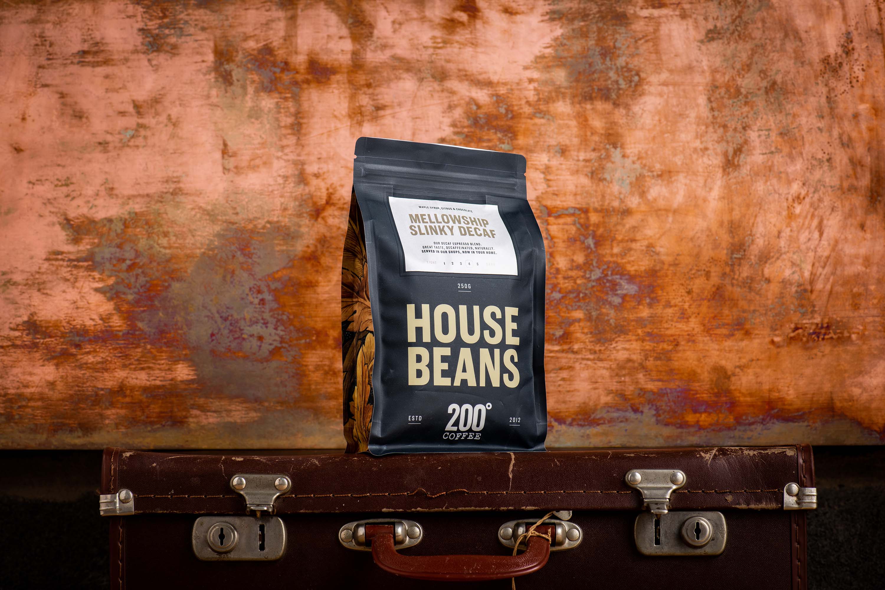 Bag of decaf coffee beans by 200 Degrees