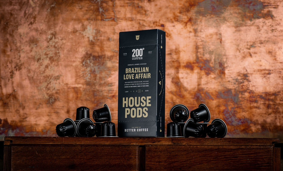 200 degrees coffee pods box with assortment of coffee pods around it
