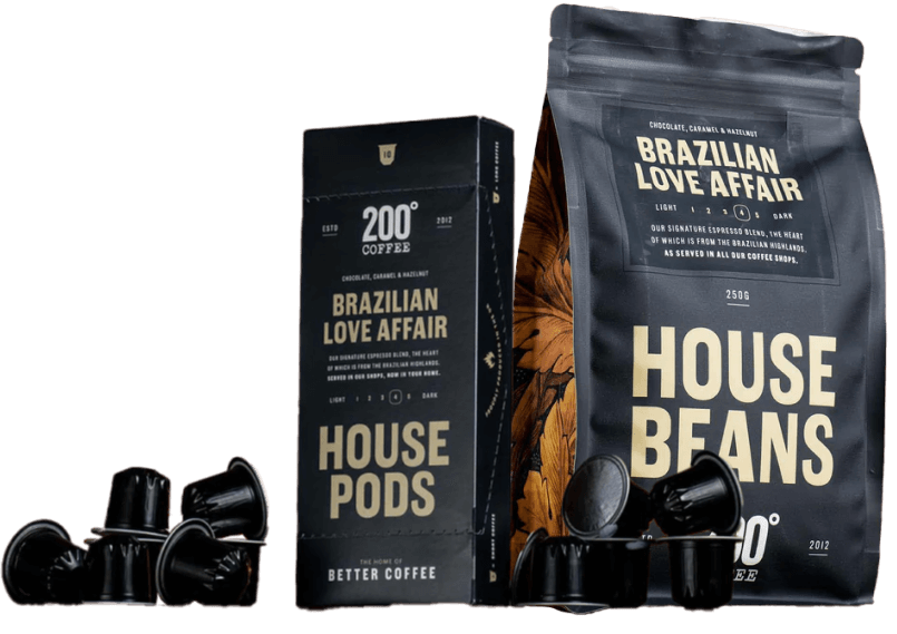 200 Degrees Brazilian Love Affair coffee beans and pods