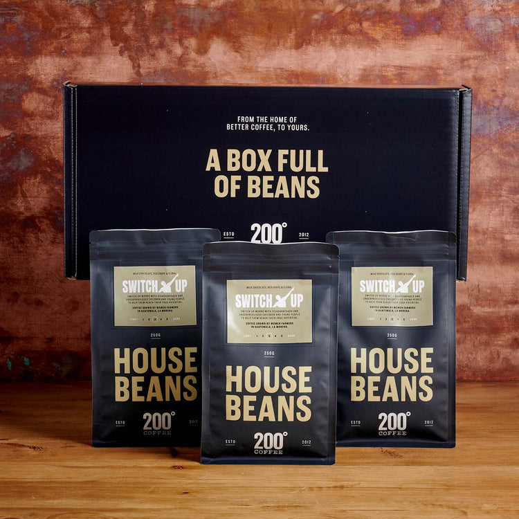 three bags of 200 degrees coffee beans charity gift box in collaboration with Switch Up