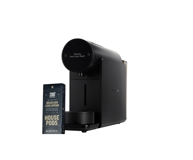 morning coffee pod machine next to box of 200 degrees coffee pods